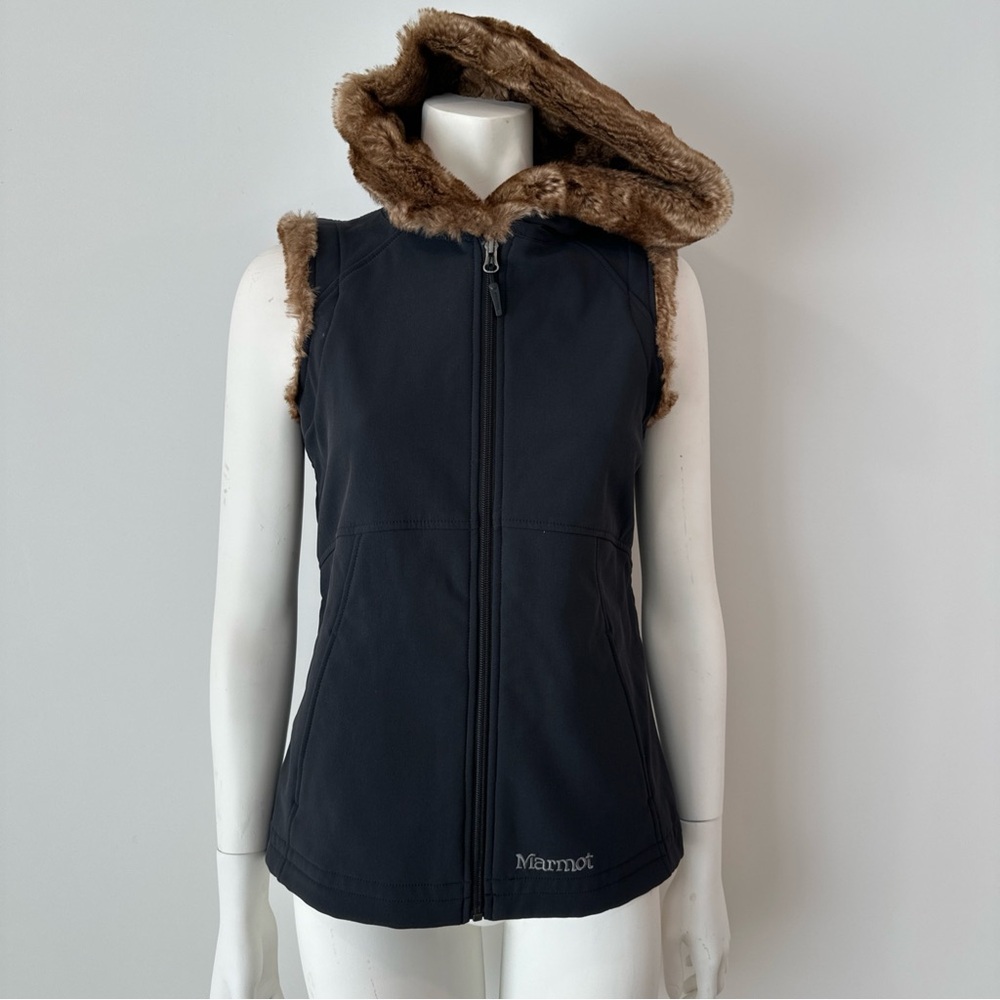 Marmot Women's Black Vest with Brown Faux Fur Trim